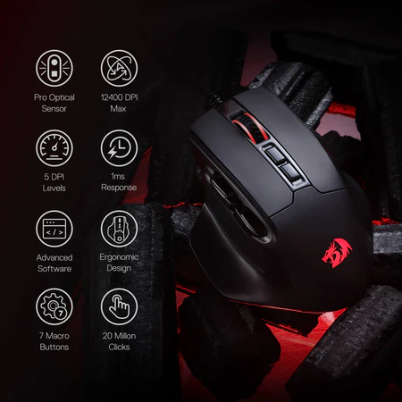 Redragon M806 Bullseye Gaming Mouse Wired RGB Gamer Mouse w-Ergonomic Natural Grip Build Software Supports DIY Keybinds  Backlit