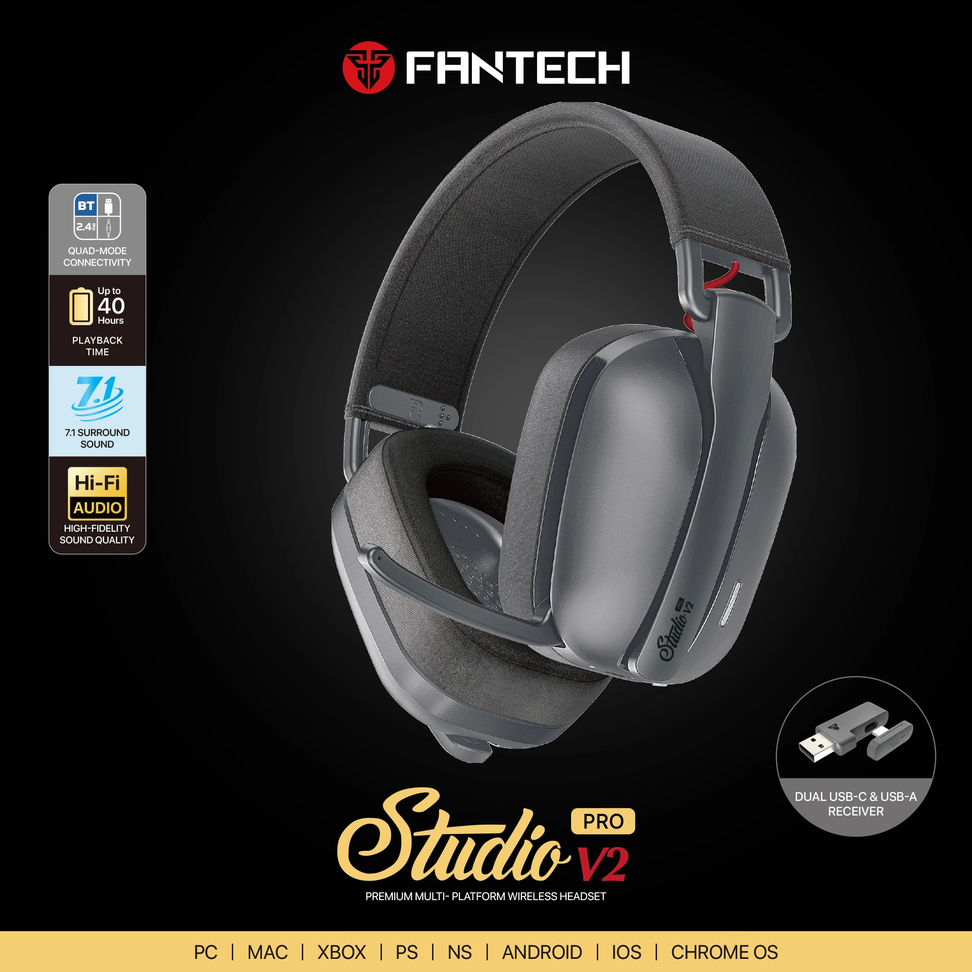 FANTECH STUDIO PRO WHG03 7.1 SURROUND SOUND BLUETOOTH GAMING HEADSET - WITH USB DONGLE FOR PHONE USAGE