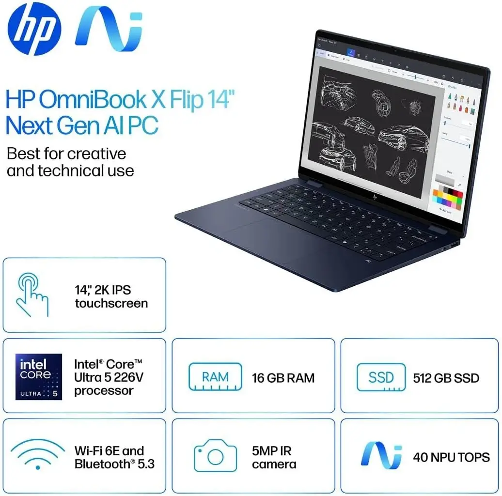 HP Omnibook X Flip 14 FM0013DX Touch Screen Laptop 14 inch FHD+ 2K IPS Intel Core Ultra 5 226V Intel ARC Graphics - product i
